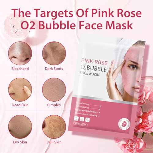 Pack of 10 Pink Rose O2 Bubble Face Masks Skincare, Spa Presents for Women, Bubble Face Sheet Mask Cleaner Foaming Purifying Facial Mask for Acne and Pores Moisturizing Beauty Sheet Masks