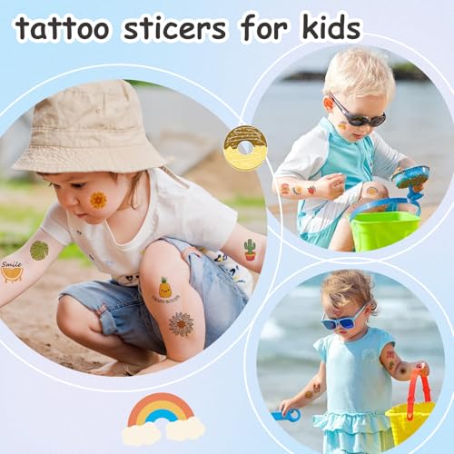 Tattoos for Kids, 12 Sheets Temporary Tattoos Stickers Set for Girls and Boys, Food Rainbow Butterfly Pumpkin Tattoos for Kids Birthday Party Supplies