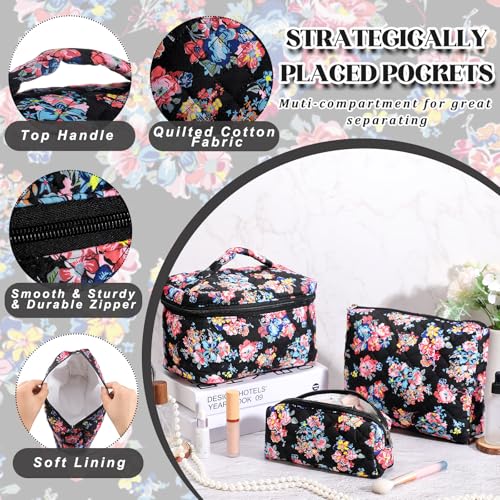 3 Pcs Quilted Makeup Bags Large Floral Cosmetic Bag for Women Cotton Makeup Bag Set Travel Toiletry Bag Aesthetic Cute Cosmetic Pouch for Women Christmas Gifts Organizer Home Bathroom