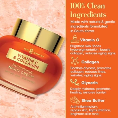 Skin Ceremony Vitamin C & Collagen Face Moisturizer - Anti-Aging, Skin Tightening, Reduce Wrinkles, Skin Brightening Night Cream - Cruelty Free Korean Skin Care For All Skin Types - 1.69 Fl. oz