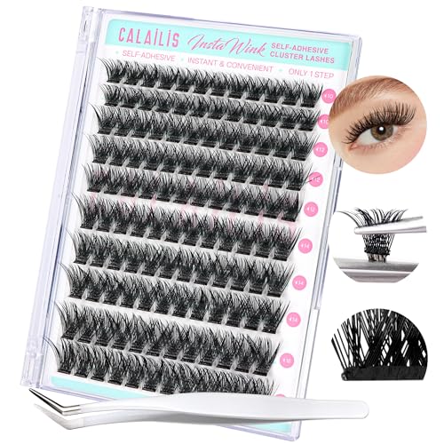 CALAILIS Self Adhesive Eyelashes 120Pcs D Curl Press on DIY CLuster lashes No Glue Needed Wispy Lash Clusters Pre Glued Reusable Glueless Eyelash Clusters Kit with Tweezers for Beginners (56D)