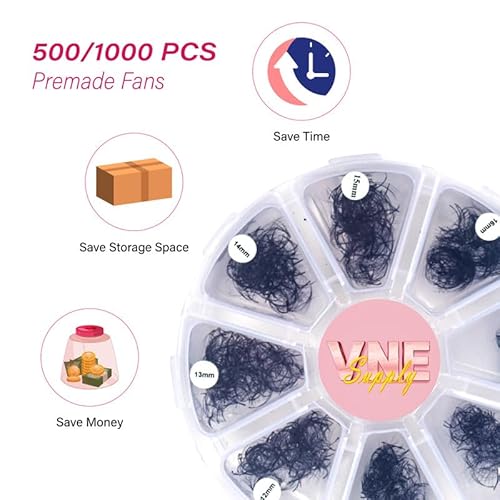 VNE Eyelashes 500 Fans Tray Volume Lash Extensions Mixed length | Premade Fans Eyelash Extensions | Mega Lash Extension | Promades Eyelash Fans | 5D, CC Curl, 9-16mm
