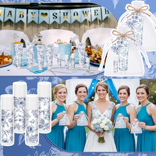 Loopeer 24 Sets Blue Floral Bridal Shower Hand Cream and Lip Balm Gift Bulk Blue Flower Wedding Favors Travel Size Hand Lotion and Lip Balm Wedding Bridal Baby Shower Party Supplies for Guests