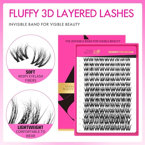 VEYESBEAUTY Lash Clusters Fluffy Individual Lash Extensions VBmuse 3D Layered Volume Eyelashes Thin & Invisible Band Wispy Faux Mink Lash Newbie's Five-Second Mixed Length 10-18mm