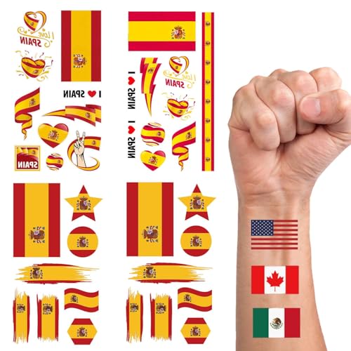 36 PCS Spain Flag Temporary Tattoos, 4 Sheets Waterproof
