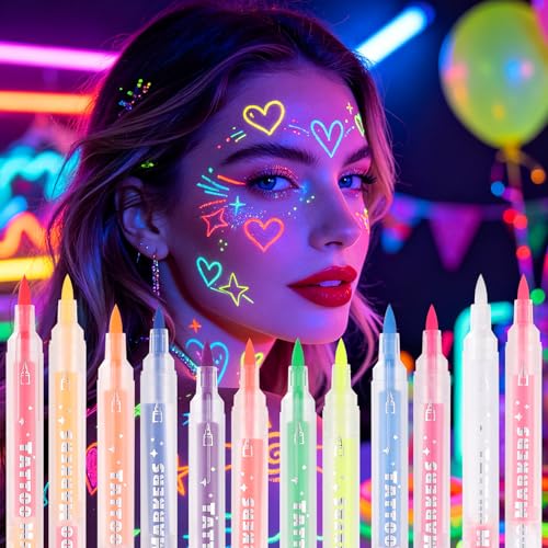 DAGEDA UV Glow Body Paint Pens - 12 Colors with Double Tip