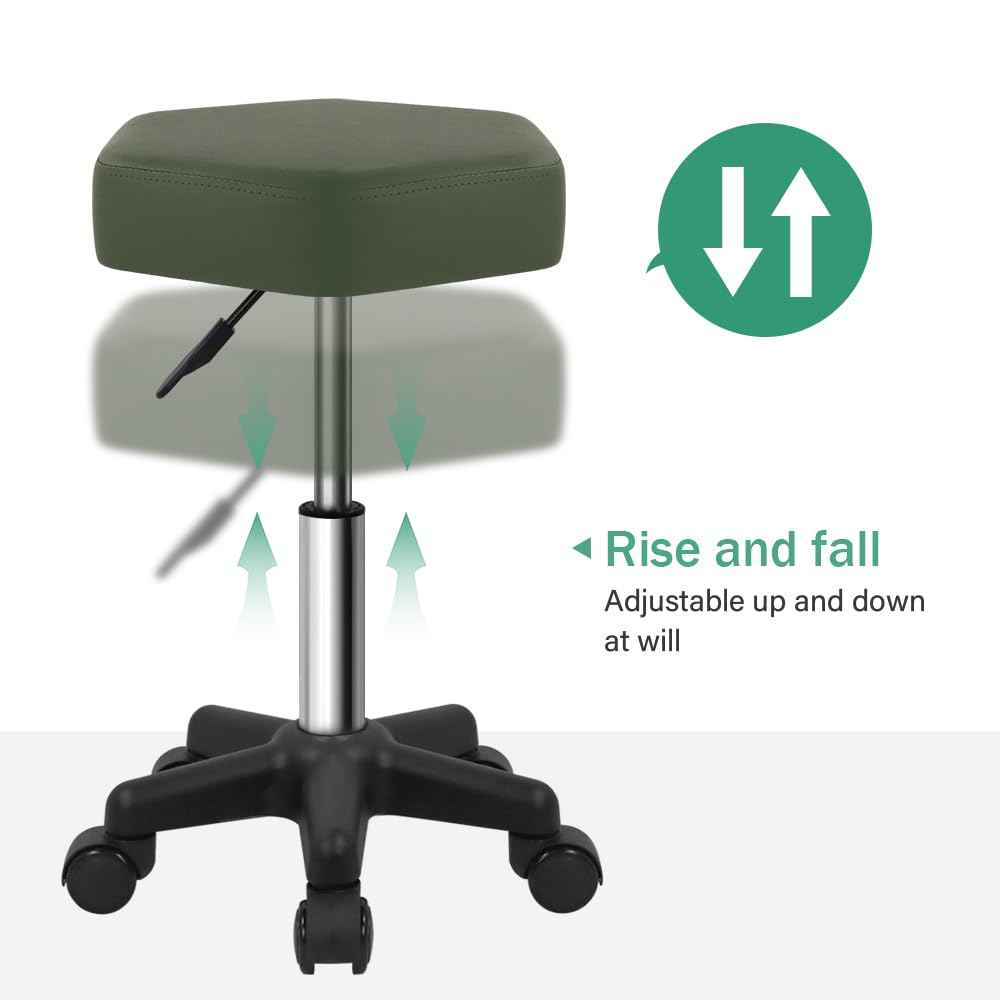 FURWOO Hexagon Rolling Stool Height Adjustable Stool with Wheels for Spa Salon Massage Green