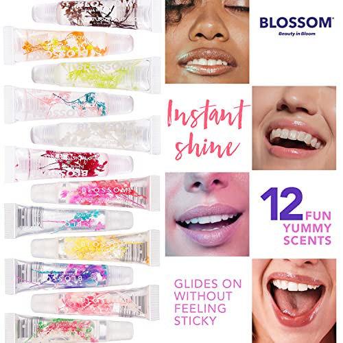 Blossom Moisturizing Strawberry Scented Tinted Lip Gloss Tube + All Natural Rollerball Perfume Oil, 2 Pack Bundle, Strawberry Rainbow/Rainbow Rose