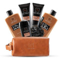 Luxury Mens Bath and Body Gift Set Basket For Him - Smoky Sandalwood - All Natural Skin Care Kit For Men w. Full Size Body Wash, Facial Scrub, Body Lotion, Deodorant in Leather Toiletry Bag