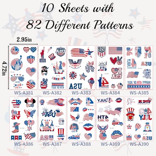 82 PCS Glitter 4th of July Temporary Tattoos American USA Flag Patriotic Fake Tattoo Sticker Red White and Blue Party Supplies for Kids Women Men Memorial Day, Independence Day, Labor Day