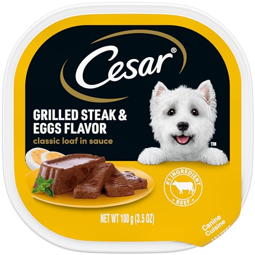 CESAR Adult Wet Dog Food Classic Loaf in Sauce Grilled Steak and Eggs Flavor, 3.5 oz. Easy Peel Trays, Pack of 24