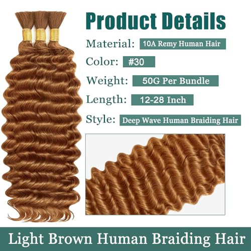 WuvuSnm 30# Deep Wave Human Hair Bundles for Boho Braids 24 Inch Brown