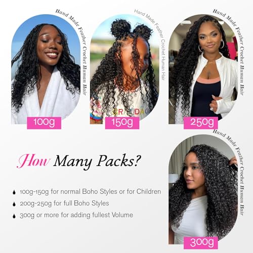12" Feather Crochet Human Hair Deep Wave Boho Braids