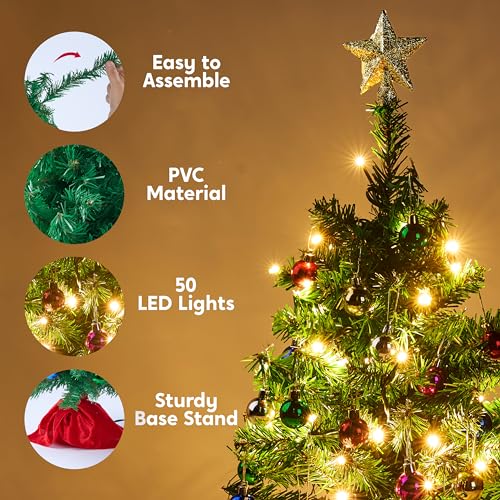 Joiedomi 24" Mini Christmas Tree Tabletop Set with Clear LED Lights, Artificial Mini Christmas Tree with Star Treetop and Ornaments, Best DIY Christmas Decorations (Storage Bag Included)