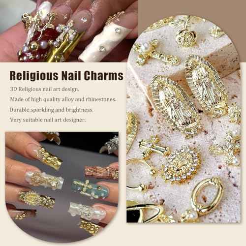 3D Cross Nail Charms,Gold Flat Back Nail Pearls Beads for Crafting,Cute Nail Charms Y2k Rhinestones Jewelry for Nail Art Flower Virgin Mary Religious Charms Gems Bulk Nail Chains (Gold)