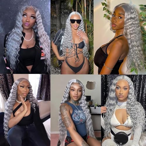 Fridnae Silver Deep Wave Human Hair Bundles 22/24/26 Inch - Grey-#GreyDP, 150g Each