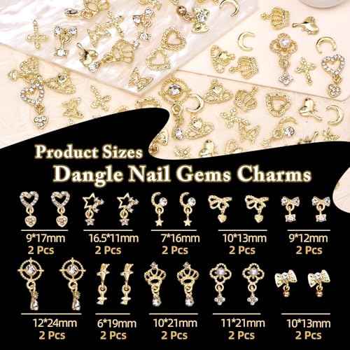 100 Pcs Gold Nail Charms and Gems, Gold Dangle Star Bows Nail Gems Charms, Metal Crown Heart Butterfly Charms for Acrylic Nail Art Alloy Cross Nail Charms for Women DIY Accessories