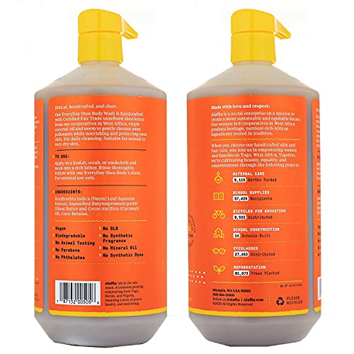 Alaffia Everyday Shea Body Wash, Naturally Helps Moisturize and Cleanse Without Stripping Natural Oils with Fair Trade Shea Butter, Neem, and Coconut Oil, Unscented, 2 Pack - 32 Fl Oz Ea
