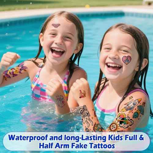 52pcs Temporary Tattoos for Kids, Full Arm Sleeve Tattoos with Mermaid Unicorn Truck Dinosaur Rocket Animals Plants Body Face Fake Arm Tattoos Stickers for Grils Boys Gift Party Supplies