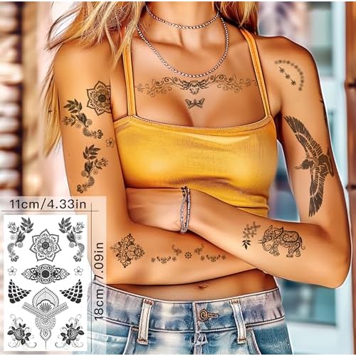 11 Sheets Tribal Black Realistic Temporary Tattoos For Women Girls, Waterproof Fake Tattoos Temporary Elephant Ganesha Lace Tattoo Kits, Lotus Mandala Flower Tatoo Sticker Neck Chest Arm Butterfly