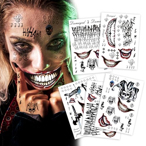 Clown Prince Temporary Tattoos – 5 Large Sheets Evil Smile & Jester Design