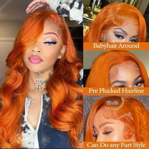 26 Inch 13¡¿6 Ginger Lace Front Wigs Human Hair Orange Ginger Body Wave HD Lace Frontal Wigs for Women 180% Density #350 Color Glueless Wig Pre Plucked Super Soft