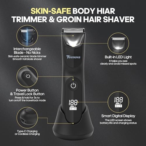 Electric Body Hair Trimmer Shaver - 3 in 1 Pubic Trimmer for Men - Bikini Trimmer for Women - No Nick Groin Ball Razor with Ceramic Blade Head, Wireless Dock Charging