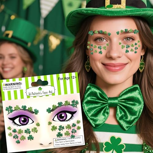 St. Patrick's Day Glitter Face Stickers - Green Shamrock Gems
