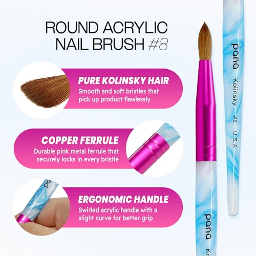 PANA Pure Kolinsky Hair Acrylic Nail Brush - Size 8 Round Nail Art Brush