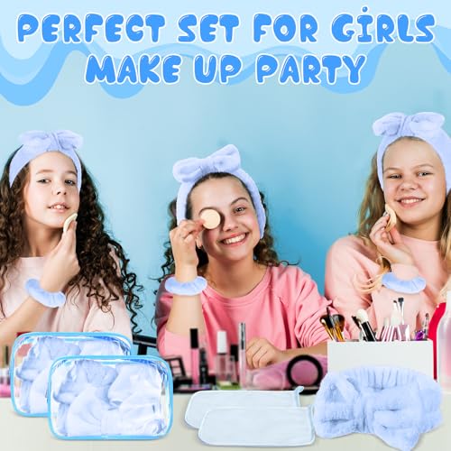 Mimorou 24 Pieces Sleepover Party Supplies Spa Party Favors 6 Spa Headband 6 Velvet Scrunchies 6 Makeup Remover Cloth 6 Clear Cosmetic Bags for Slumber Valentine Galentine Gift(Blue)