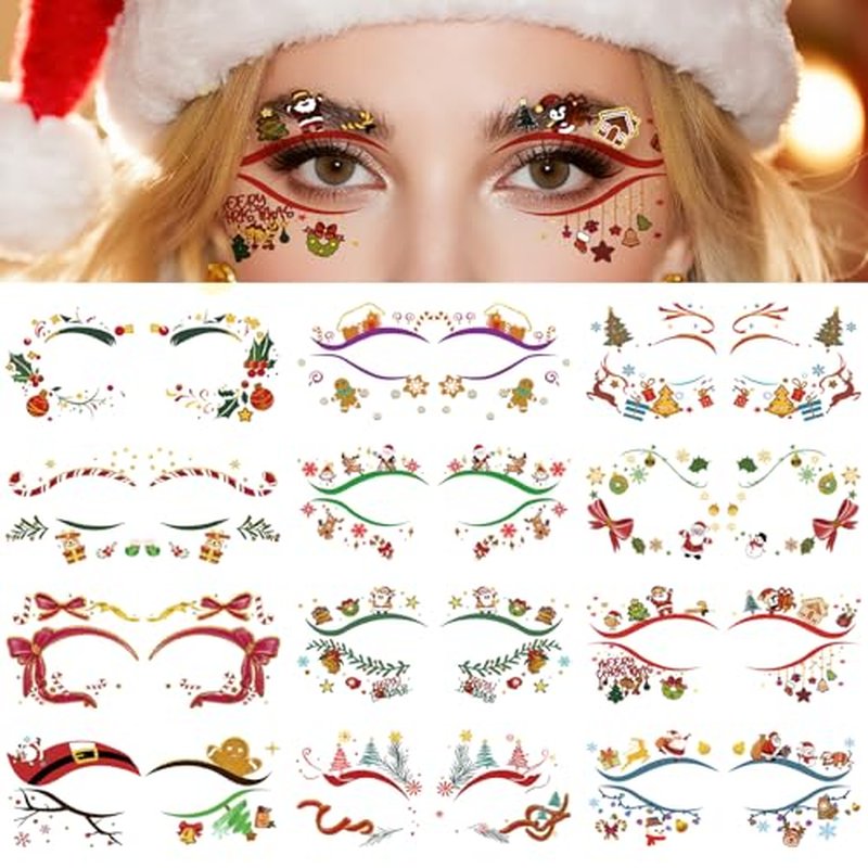 24 Sheets Christmas Face Temporary Tattoo, Upper & Lower Lash Realistic Designs Waterproof Christmas Fake Tattoos for Men & Women Cosplay Party & Festive Looks & Stage Face Makeup Decoration