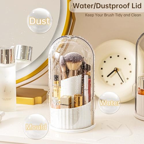 Makeup Brush Holder Organizer with Lid, 360 Rotating Dustproof Transparent Makeup Brushes Organizer for Vanity Dresser Bathroom Countertop(White with Clear Cover)