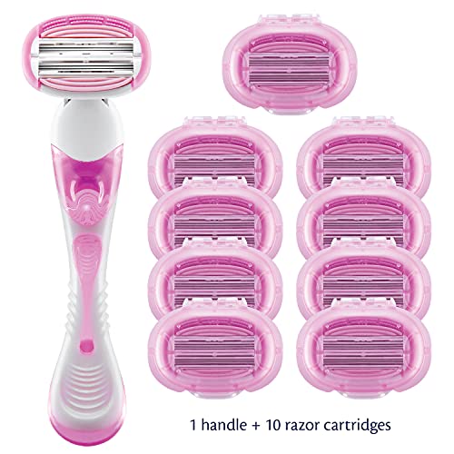 Pure Silk Women's Razor, Contour 6 Shaving Kit, Includes Razor Handle, 10 Contour 6 Blade Cartridge Refills, Shower Tray