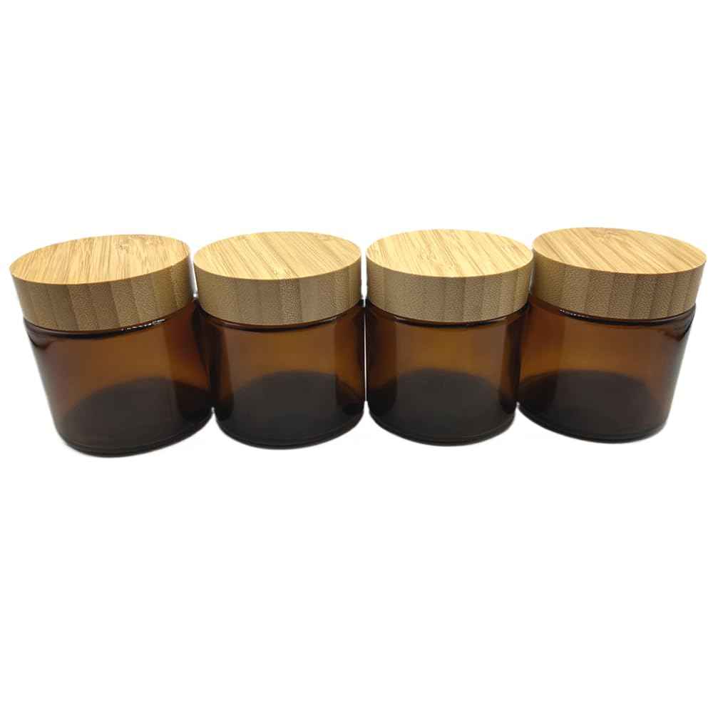 BEECO GIF2U Empty Refillable Brown Glass Cosmetic Cream Jar 4 Pack 3.3 OZ/100g with Bamboo Lids,Skin Care Travel Containers Pot for Clay Masks,Butter,Body Scrub,Lip Balm, Ointments, Lotion