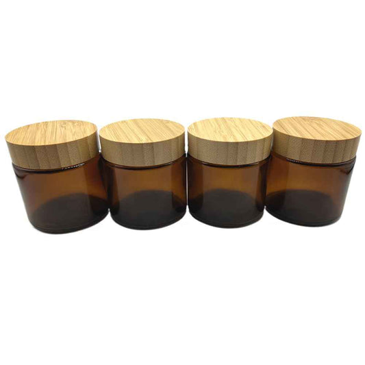 BEECO GIF2U Empty Refillable Brown Glass Cosmetic Cream Jar 4 Pack 3.3 OZ/100g with Bamboo Lids,Skin Care Travel Containers Pot for Clay Masks,Butter,Body Scrub,Lip Balm, Ointments, Lotion