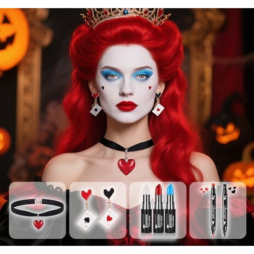 Go Ho Red White and Blue Multi-use Lip Face Paint Stick,2PC Red&Black Hearts Eyeliner Stamp,Heart-shaped Earrings and Necklace Kit,Queen Cosplay Halloween Costumes Party Accessories for Women
