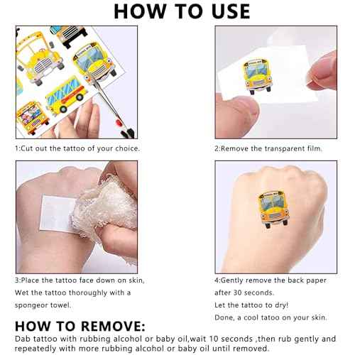 12 Sheets Temporary Tattoos for Kids, School Bus Birthday Party Supplies Decorations Transportation Stickers Cute Fake Tattoos Party Favors for Children Toddler School Classroom Reward