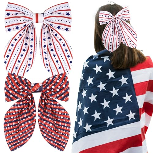 TOKUFAGU Hair Clip, 2 Pcs 4th of July Girls American Flag Bowtie Style Hair Clips, Patriotic Hair Accessories for Girls Women