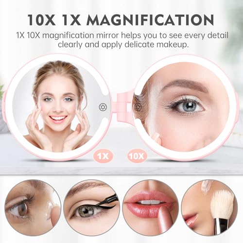FUNTOUCH 7-Inch Rechargeable Travel Makeup Mirror with 10X Magnification & LED Light, Pink