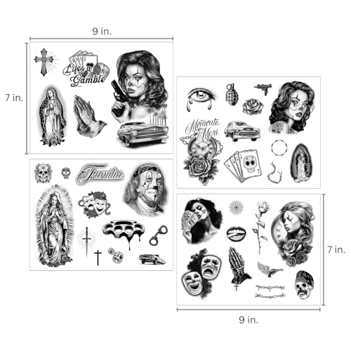 Los Vatos Chicano Bundle - 8 Sheets Cholo and Chola Temporary Tattoos - Payasa, Lowrider, Virgin Mary, Prayer, Cross, Chicana, Gangster, Fake Tattoo, D?a de Muertos, Tatuajes Temporales