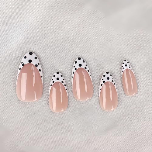 Stbisen Paris Dots Medium Almond Press On Nails Nude Pink French Tips with Black Polka Dots, Reusable Glossy Fake Nails, 24pcs