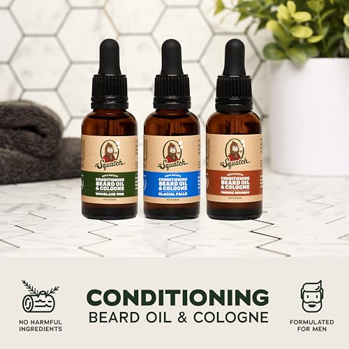 Dr. Squatch Conditioning Beard Oil & Cologne 3 Pack - Natural Men's Beard Oil Gift Pack - Nourish & Moisturize - Long Lasting Scent - Fireside Bourbon, Glacial Falls, Woodland Pine