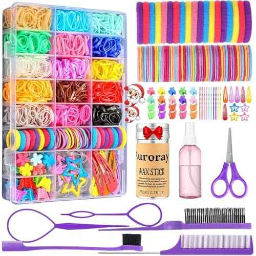 auroray Hair Accessories for Girls, 1698 Pcs Hair Rubber Bands with Elastic Hair Ties Hair Clips Hair Wax Stick Spray Bottle Hair Styling Tools