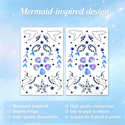 50pcs Blue Mermaid Face Gems Stickers - Self Adhesive Rhinestone Jewels
