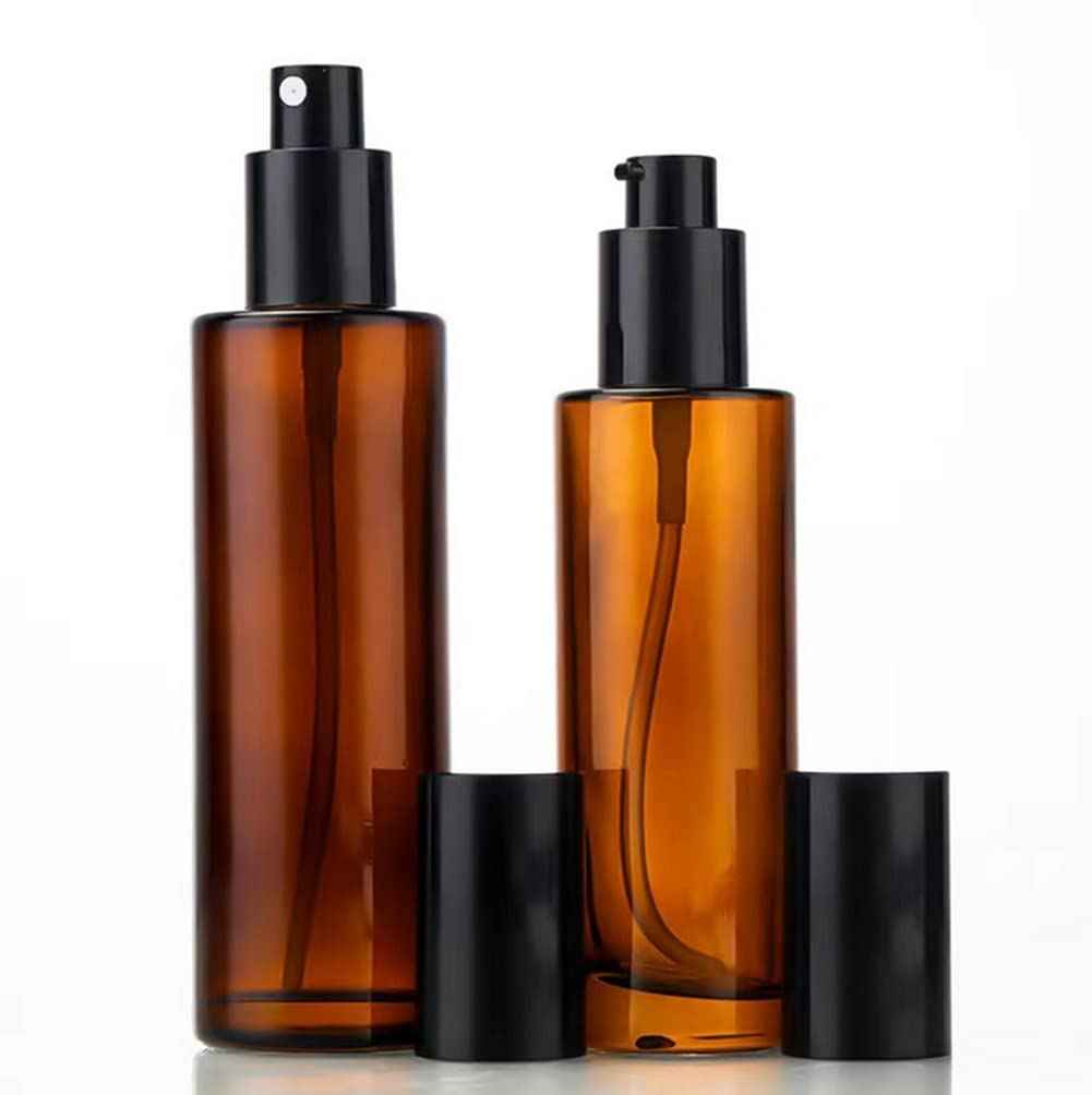 Ericotry 2 PCS 120ml/4oz Amber Glass Travel Bottles with Black Pump - Leakproof Lotion Dispenser for Essential Oil, Cream, Shampoo