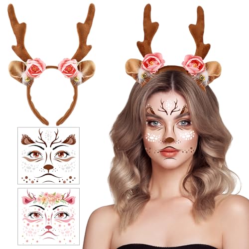Deer Antlers Headband & Face Tattoos Set - Pink & Brown