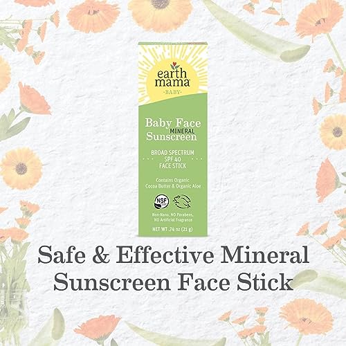 Earth Mama Baby Face Mineral Sunscreen Stick SPF 40 | Reef Safe, Non-Nano Zinc, Contains Organic Cocoa Butter & Aloe | Babies, Kids & Family 0.74-Ounce