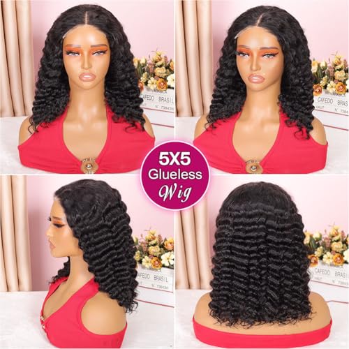 Ailwelia Curly Bob Wig Human Hair 5x5 Glueless Pre-Plucked 14"