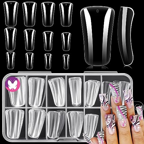 GoLashFun Full Coverage Duck Nails Tips,120PCS Natural Fan Flare Soft Gel X False Nail Extension Wide French Duck Full Cover Nail Tips for Acrylic Nails