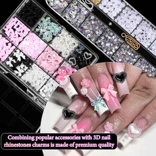 3D Assorted Nail Charms Gems, Bow Bowknot Butterfly Flower Acrylic Nail Art Charms, Half Round Nail Pearl and Rhinetones Charms for DIY Nail Art Accessories
